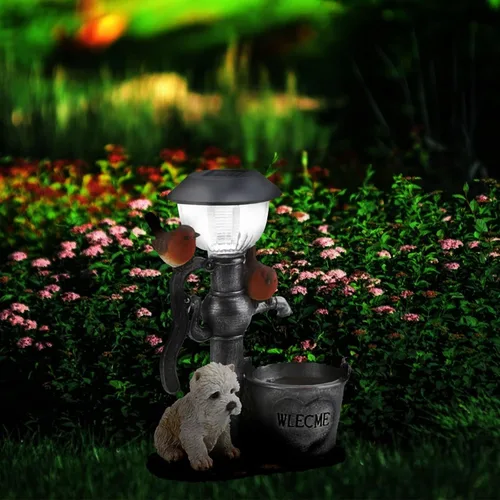 Vista 6 de Estatuas de jardín de resina para cachorros y pájaros, estatuas al aire libre con luces solares, esculturas solares de jardín, pozos y cuencas
