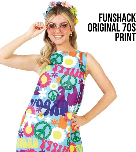 Vista 3 de Fun Shack Disfraz hippie Groovy para mujer, vestido de los años 70 y 60