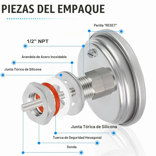 Vista 4 de MEANLIN MEASURE - Termómetro bimetálico de 1/2" NPT, esfera de 3.3", tallo de acero inoxidable de 1-7/8", precisión del 2%, montaje trasero central