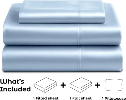 Vista 4 de Pure Bedding Sábanas de satén de lujo para cama individual de hotel, juego de sábanas de microfibra extra suave de 1800, resistente a las arrugas, a