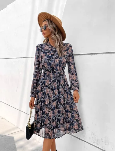 Vista 3 de HAOKEKE Vestido de gasa de manga larga para mujer, vestido de gasa retro con cuadrícula marrón, botones plisados, lazo hacia abajo, vestido de mujer