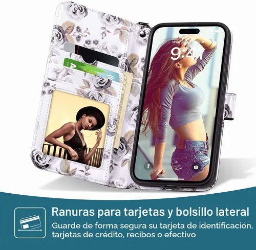 Vista 2 de ULAK Funda tipo cartera compatible con iPhone 15 Pro con tarjetero y diseño de flores, para mujeres y niñas, piel sintética, con función atril