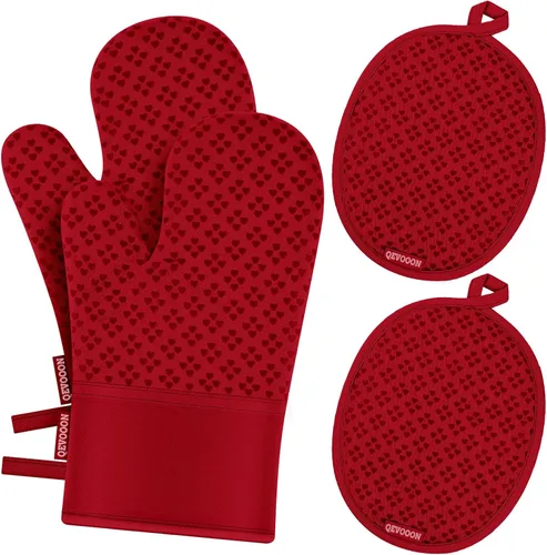 Vista 9 de Manoplas de horno y soportes para ollas 4 juegos, guantes de horno resistentes al calor de 500 ℉ y soporte para ollas, guantes de horno