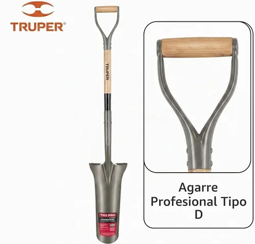 Vista 4 de Truper Tru Pro - Pala de drenaje de 16 pulgadas, mango de madera de fresno prémium de 32 pulgadas con agarre en D, escalones torneados, pala