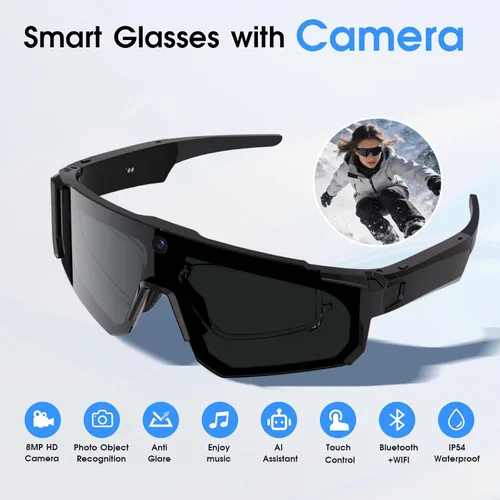 Vista 2 de Lentes inteligentes AI con cámara 4K, gafas de grabación de video HD de 8 MP con almacenamiento integrado, protección UV y asistente de IA, gafas