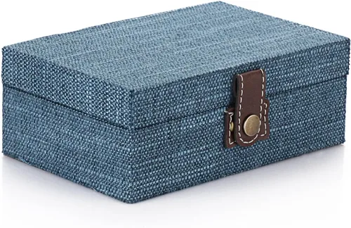 Vista 8 de Hipiwe Joyero de cofre del tesoro, caja decorativa de madera con cierre, caja de recuerdos cubierta de lino, caja de recuerdos rectangular