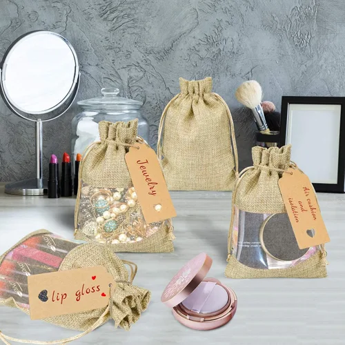 Vista 4 de GIOIPC 20 bolsas transparentes de arpillera de lino de 5 x 7 pulgadas con cordón y etiquetas de regalo adicionales para boda y cumpleaños, bolsas