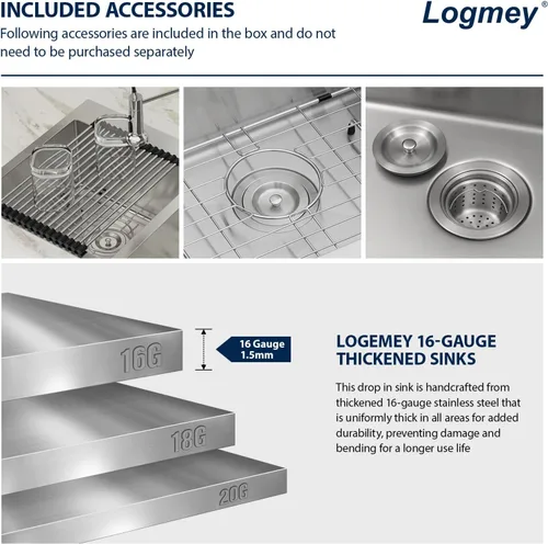 Vista 4 de Logmey - Fregadero de cocina de 32 pulgadas con doble tazón de montaje superior - Fregadero de cocina de acero inoxidable hecho a mano de 32 x 18