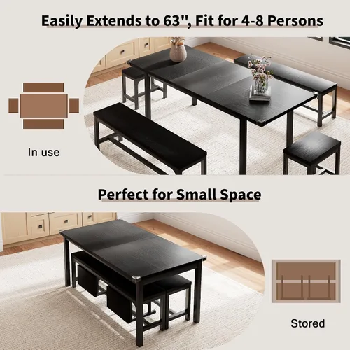 Vista 3 de Einhomn Juego de Mesa de Comedor de 5 Piezas para 4-6, Mesa de Cocina Extensible de 63" con 2 Bancos y 2 Taburetes, Estructura de Metal y Tablero