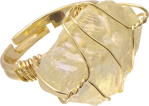 Vista 8 de Anillo envuelto en alambre de piedra áspera de cristal natural, tono de oro amarillo