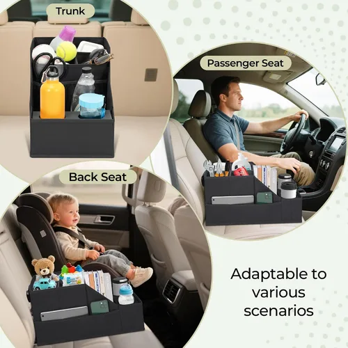 Vista 6 de Organizador de asiento de automóvil para asiento trasero, organizador de automóvil con 12 compartimentos de almacenamiento, 2 portavasos