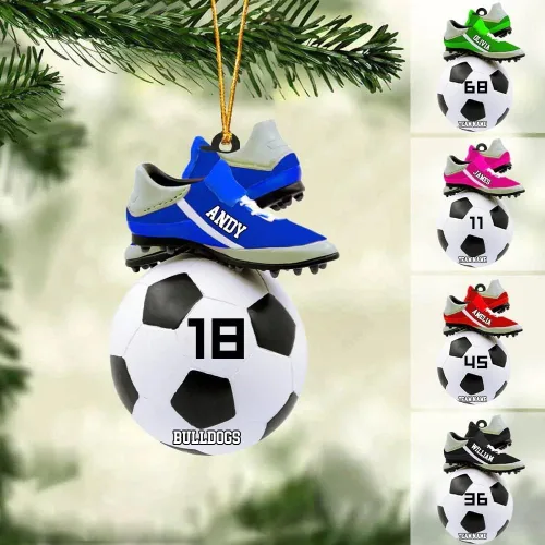 Vista 9 de Adorno de Navidad personalizado para jugador de fútbol; regalo personalizado para colgar en el árbol de Navidad 2D; gran idea de regalo