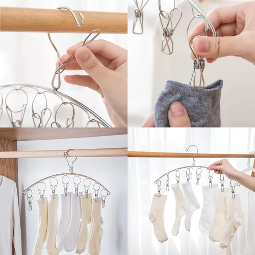 Vista 5 de 2 perchas de secado de ropa con 16 clips, estante de secado de aire de calcetines de acero inoxidable, resistente al viento, antipérdida para todos