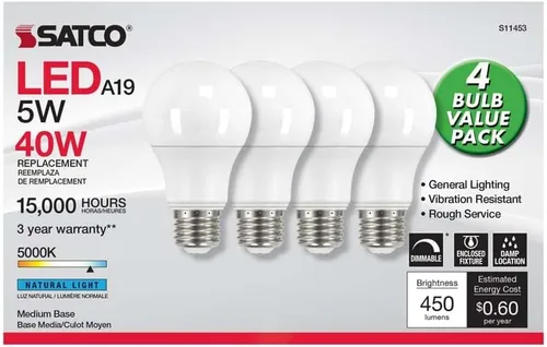 Vista 2 de Satco 11453-5A19/LED/850/120V/D/4PK (S11453) A19 A Line Pear Bombilla LED