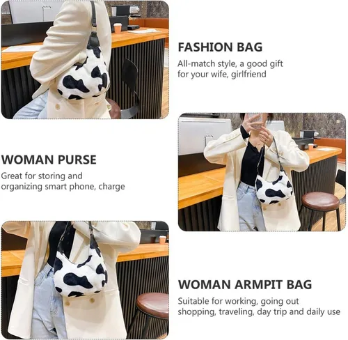 Vista 8 de PRETYZOOM bolso de hombro de felpa de vaca de impresión bolso de las mujeres de felpa bolso de mano otoño invierno suave casual esponjoso mujer