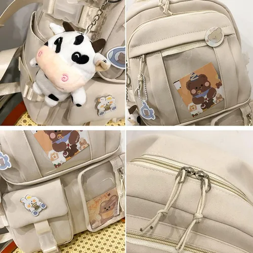 Vista 4 de Linda mochila con lindos accesorios de alfiler colgante de felpa para mochila escolar mochila estudiante niña, Beige, Grande, Mochilas de mochila