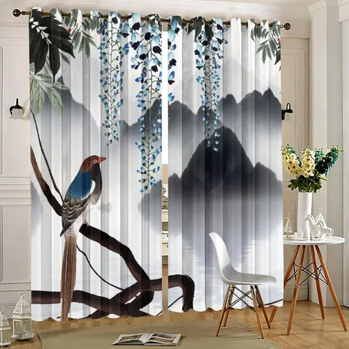 Vista 5 de Cortinas opacas para oscurecer la habitación con ojales, diseño de flores japonesas con ojales, arte retro de primavera y ramas florales, arte