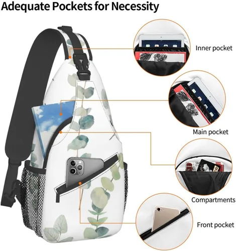 Vista 4 de Mochila tipo bandolera con diseño de ojos malvados, bolsa ligera de hombro cruzado para mujeres y hombres, mochila casual para exteriores, Hojas