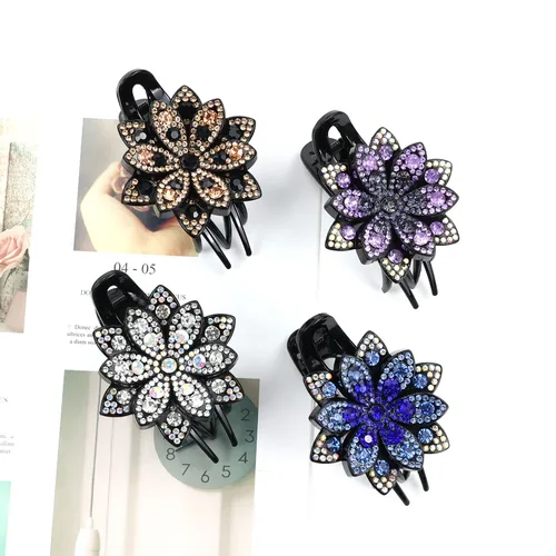 Vista 5 de inSowni Juego de 4 Pinzas para el pelo de lujo con brillos de fantasía, cristales brillantes, decorativas, de plástico, con flores, clips de garra