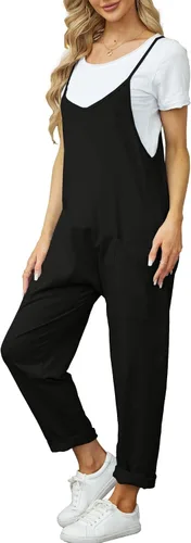 Vista 4 de Enterizo suelto casual con cuello en V para mujer, sin mangas, con tirantes delgados, pantalones largos, overol con tirantes delgados