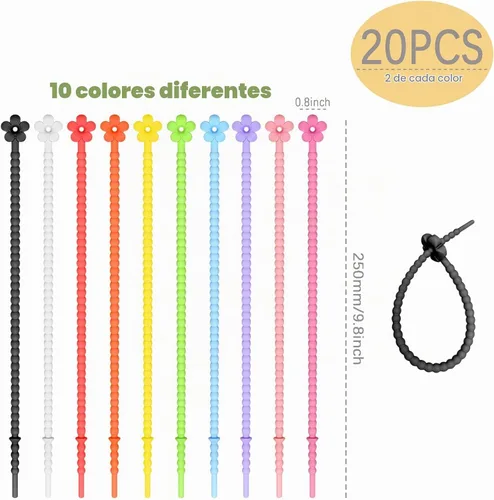 Vista 2 de 20 bridas de silicona reutilizables para cables, organizador de cables de silicona reutilizables, correas para cables, ataduras multiusos
