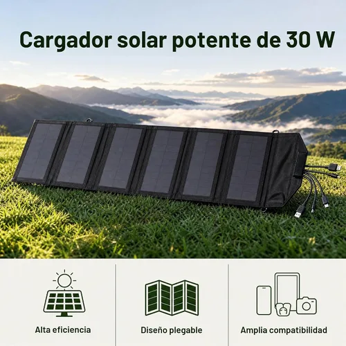 Vista 2 de Cargador de panel solar portátil de 30 W, salida de 20 W, 5.2 V, 2 A, 2 USB, cargador de panel solar plegable para computadoras portátiles