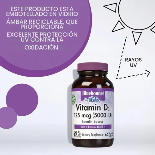 Vista 6 de Bluebonnet Vitamina D3 5000 UI cápsulas vegetales, 120 unidades Sin OMG, vegetariano, sin gluten, sin soja