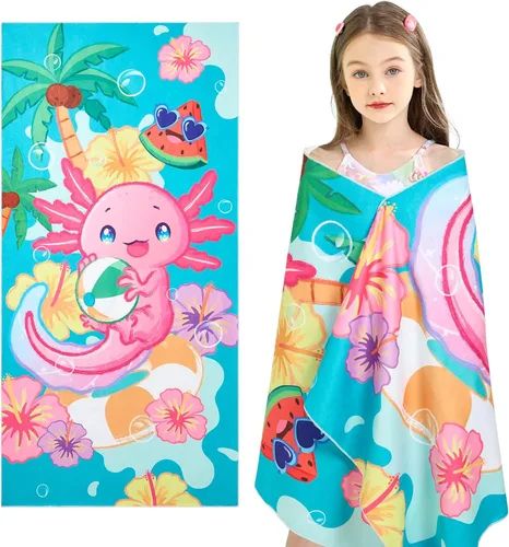 Vista 2 de WERNNSAI Toalla de playa para niños, 30 x 60 pulgadas, Axolotl de secado rápido, sin arena, toalla de playa para niñas, toalla de playa