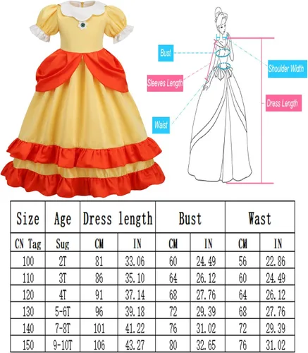 Vista 6 de BLOOMIRO Disfraz de princesa melocotón, vestido de melocotón para niñas, traje de cosplay con accesorios