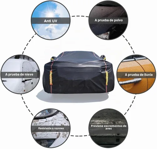 Vista 7 de Funda impermeable para automóvil para todo tipo de clima, 6 capas exteriores completas con cremallera de algodón, bolsillo de espejo. Funda de Negro