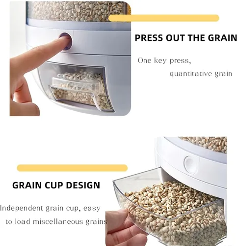 Vista 5 de DYRABREST Dispensador de arroz, dispensador de cereales giratorio de 360°, dispensador de almacenamiento de granos multigrano redondo de 6 rejillas