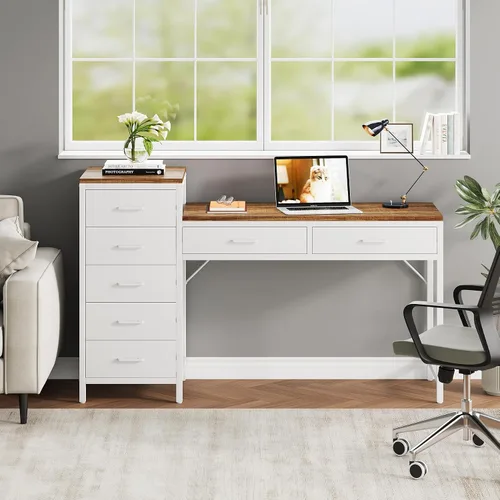 Vista 6 de Escritorio para computadora de 55 pulgadas con cajón reversible, marrón claro y blanco