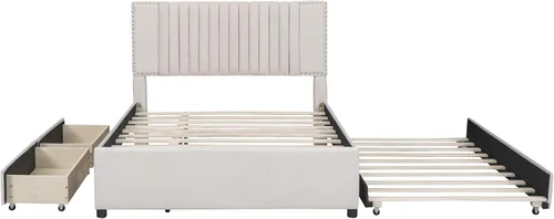 Vista 4 de Harper & Bright Designs - Base de cama de tamaño matrimonial con 2 cajones y cama corrediza individual, plataforma tapizada en el suelo con cabecera