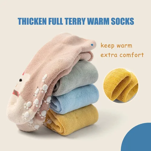 Vista 5 de Calcetines cálidos antideslizantes para bebés y niños, calcetines de invierno gruesos con agarres para bebés y niñas, calcetines antideslizantes