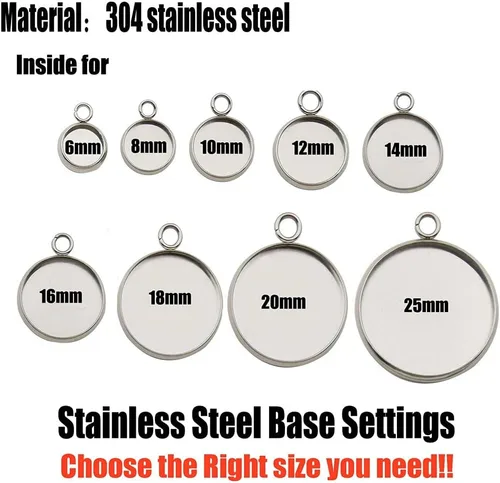 Vista 4 de 50 piezas ajustadas para bandejas colgantes de cabujón con bisel redondo en blanco de acero inoxidable de 10 mm para joyería (10161-10mm-50pcs)