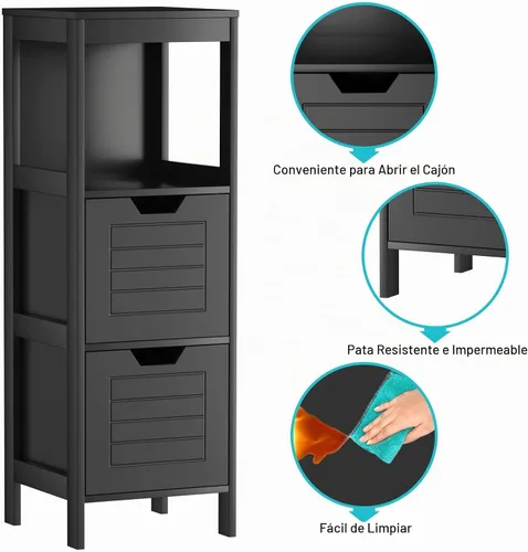 Vista 9 de Tangkula Armario de suelo de baño, torre de almacenamiento de madera estrecha con 2 cajones conmutables, almacenamiento lateral multifuncional