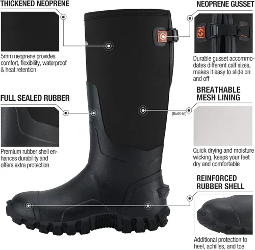 Vista 2 de HISEA Botas de lluvia mejoradas para hombre, impermeables, aisladas, de goma, botas de caza de barro, pantorrilla ajustable