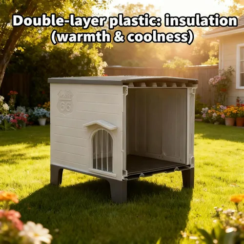 Vista 5 de Casa grande para perros para exteriores, aislada, resistente a la intemperie, doble HDPE, diseño elevado, fácil de montar, interior expansivo, gris