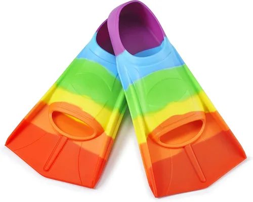 Vista 16 de Aletas de natación para niños, aletas cortas para jóvenes, aletas de entrenamiento de natación para natación de regazo, para niños y niñas Arcoíris-B