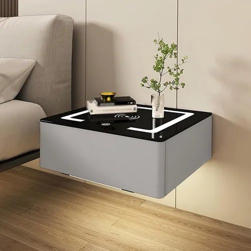 Vista 4 de Moderna mesita de noche flotante con cajón, mesita de noche montada en la pared, mesita de noche inteligente, mesita de noche LED inteligente con 1