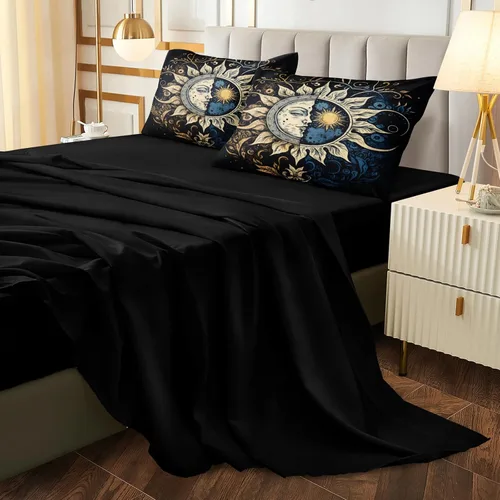 Vista 8 de Juego de edredón de sol y luna negro, juego de ropa de cama boho, ropa de cama de galaxia celestial y espacio estrellado, edredón mandala exótico