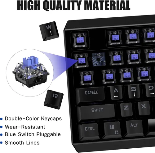 Vista 5 de GOFREETECH - Teclado mecánico de PC con cable RGB retroiluminado azul LED resistente a derrames sensación mecánica ergonómica de 104 teclas