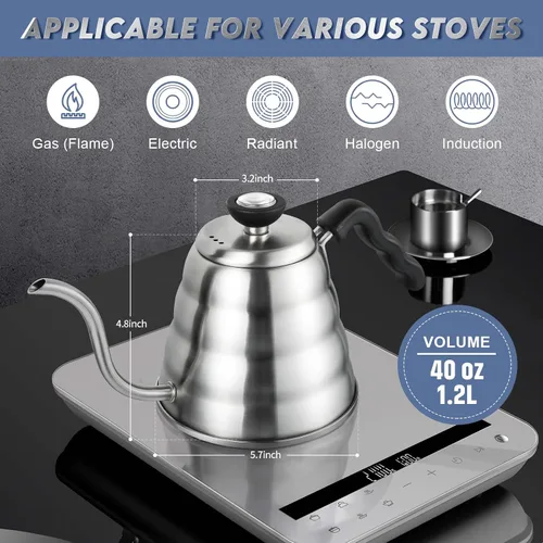 Vista 6 de Hervidor de cuello de cisne de acero inoxidable compatible con todas las estufas, cafetera de 1.2L/40 onzas con termómetro integrado para un control