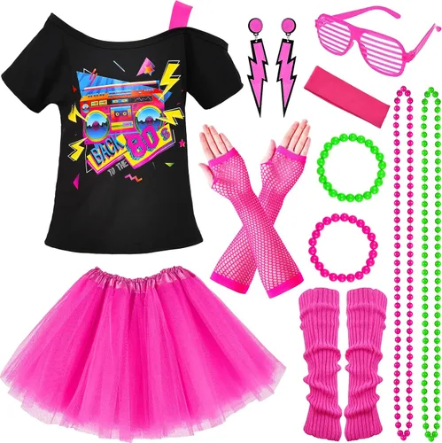 Vista 4 de Latocos 14 Pcs 80s Costume Accessories T-Shirt Tutu Skirt Outfits Halloween Cosplay 1980s Theme Retro Party Girls