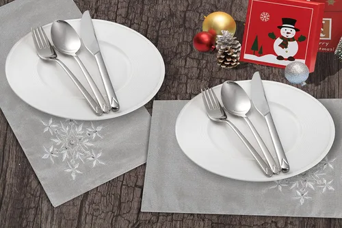 Vista 7 de OWENIE Juego de 4 manteles individuales de mesa de Navidad, manteles individuales plateados con bordado de lentejuelas, manteles individuales grises