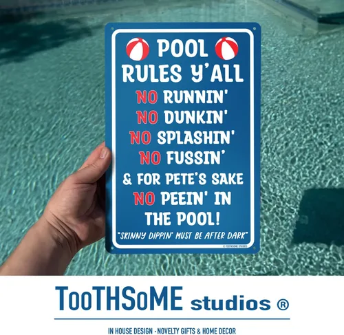 Vista 5 de Pool Rules Y'all Letrero de aluminio para piscina de 12 x 8 pulgadas, decoración de piscina al aire libre estilo sureño