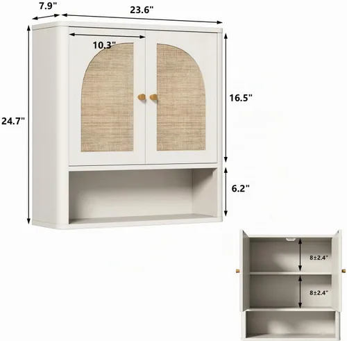 Vista 2 de RUSTOWN Mueble de pared de baño de ratán con 2 puertas arqueadas y estante Blanco rústico