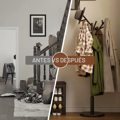 Vista 8 de Muwuele Perchero de madera maciza independiente con 12 ganchos, perchero independiente con 3 alturas ajustables para abrigos, sombreros, bolsos