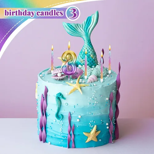 Vista 3 de Treela Vela de cumpleaños de 3 años para pastel con 12 piezas en espiral con números de arco iris, velas degradadas de tercer cumpleaños para niñas