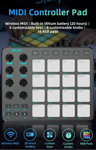Vista 4 de Controlador inalámbrico MIDI Pads, USB portátil Bluetooth con 16 tambor Negro
